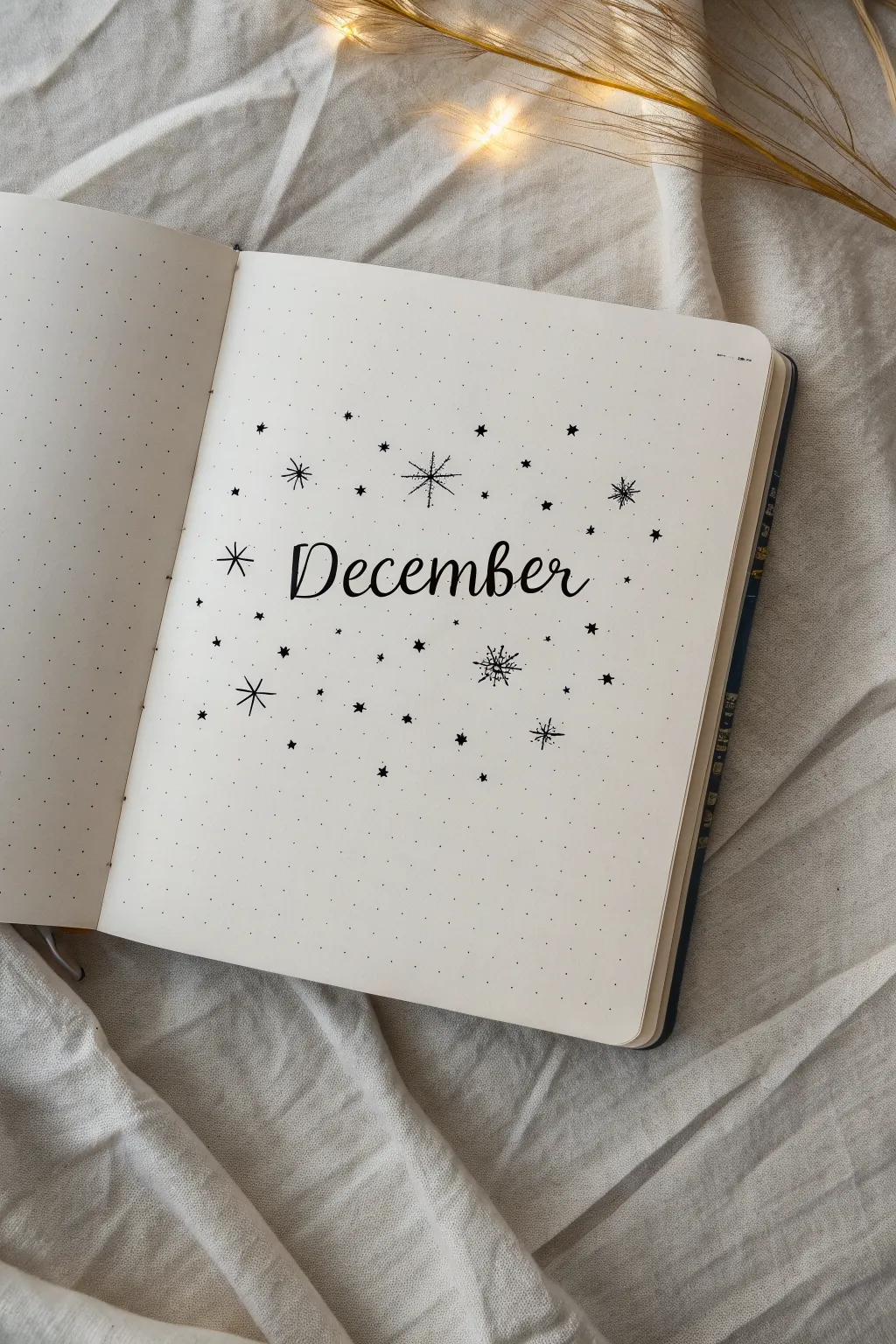 Minimal December title page idea with bold hand lettering and tiny winter star and dot fillers