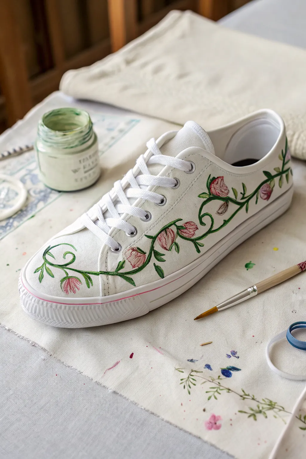 Hand-painted floral vines transform plain canvas shoes into a soft, boho minimalist accent.
