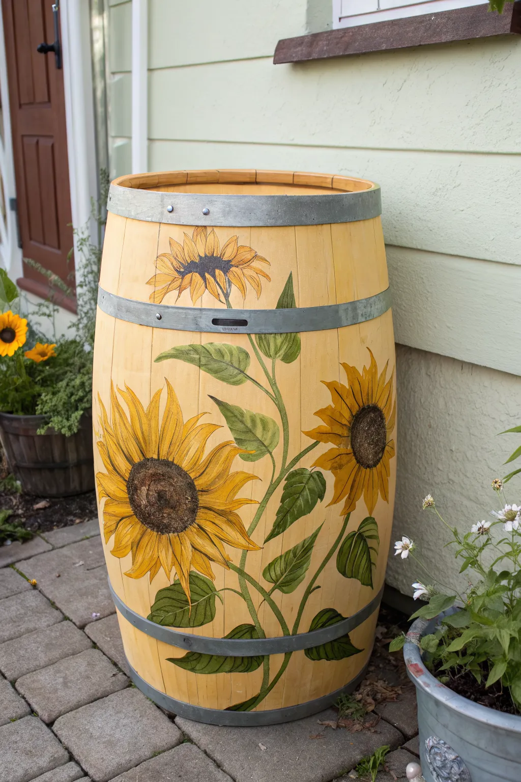 Giant sunflower wrap barrel idea with bold contrast and handcrafted texture for garden charm