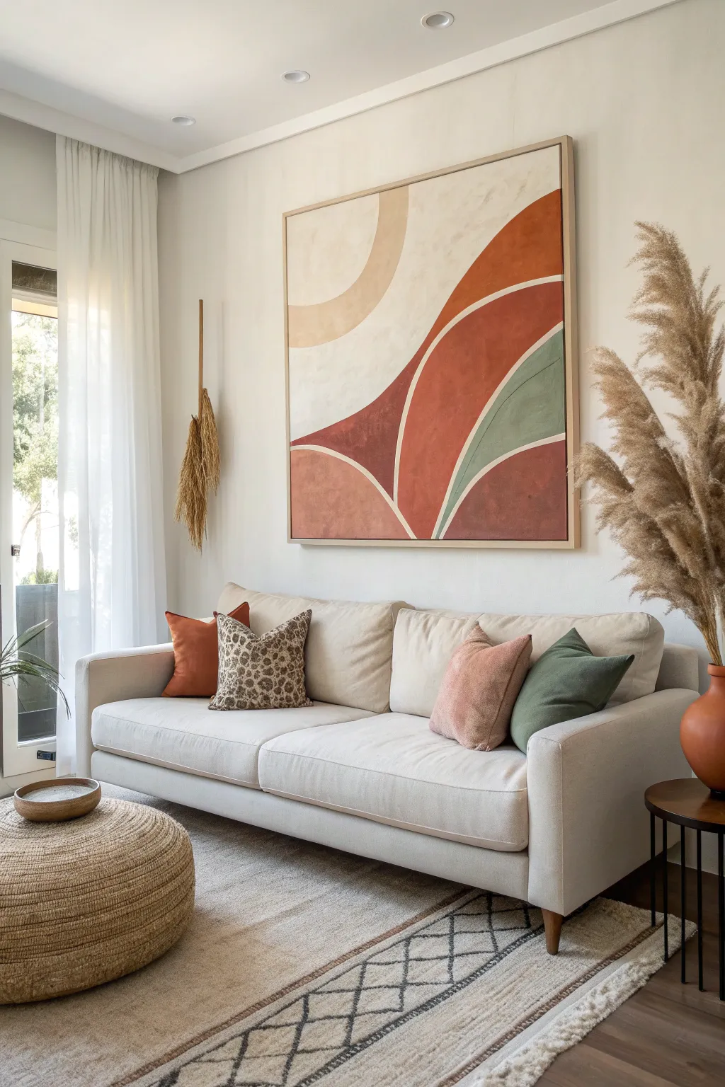 Oversized abstract canvas transforms a calm Scandinavian room with boho warmth and texture.