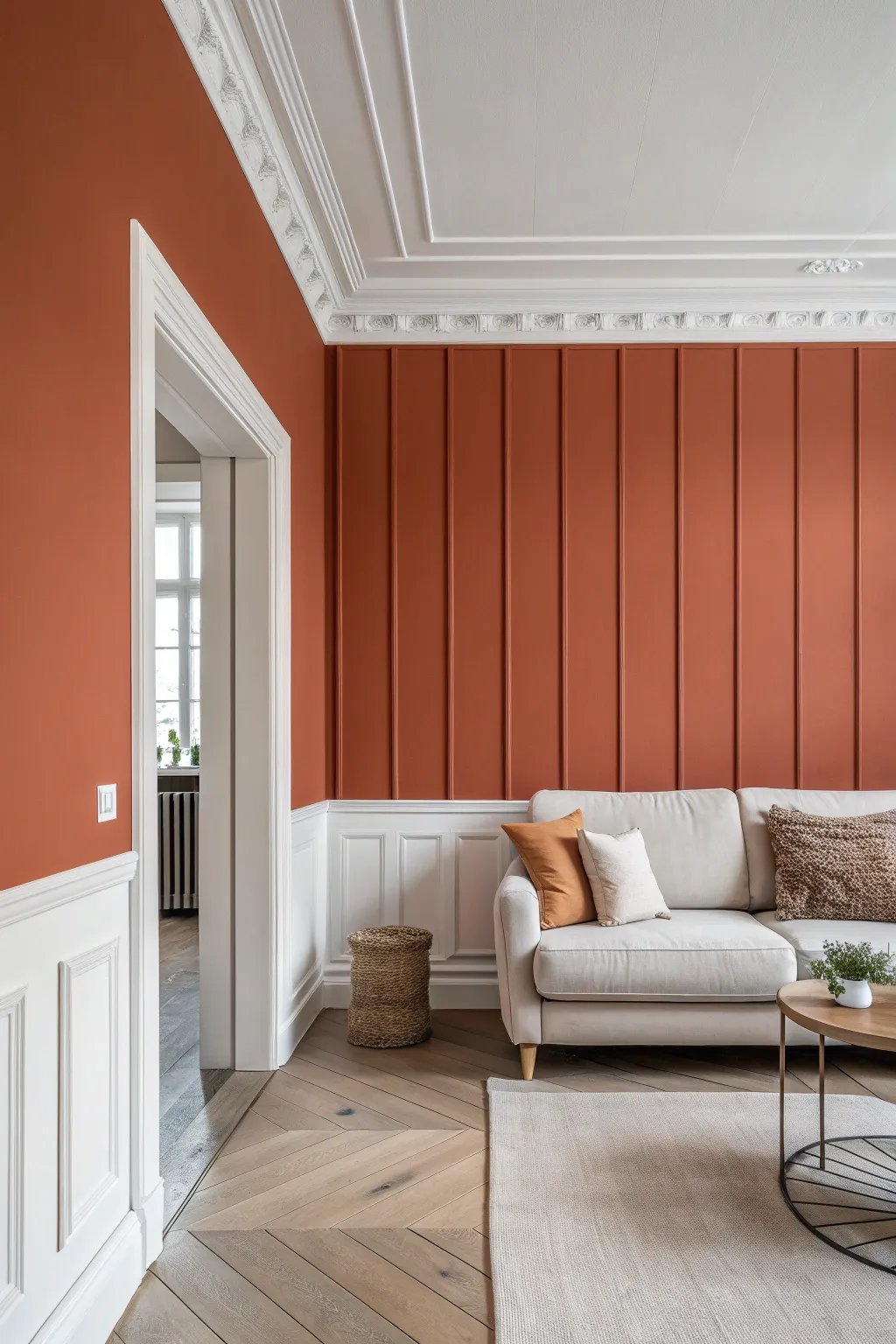 Classic terracotta color-block accent wall with crisp trim and calm Scandinavian-boho styling.
