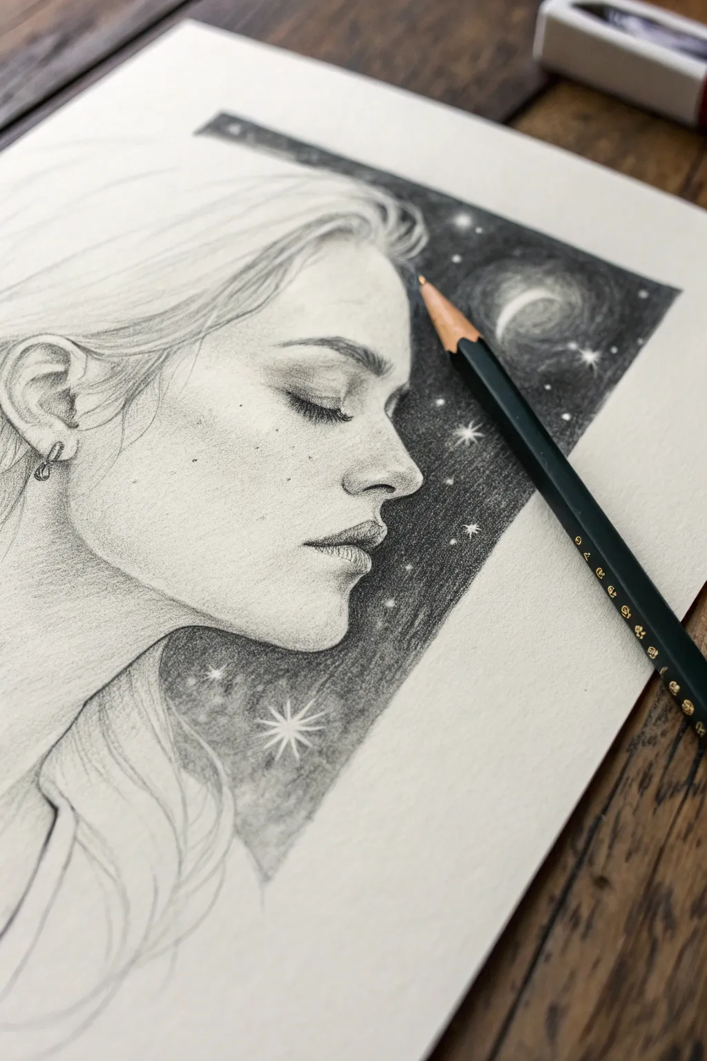 Pencil profile with a gentle cutaway revealing a tiny galaxy within, calm minimalist mood