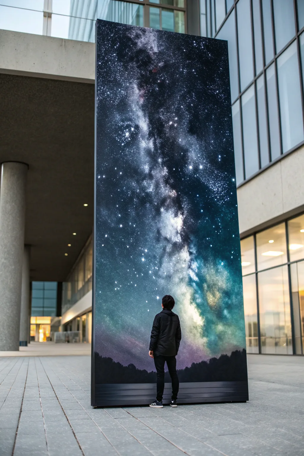 A tiny silhouette beneath a vast starry void, a calming deep painting idea with contrast.