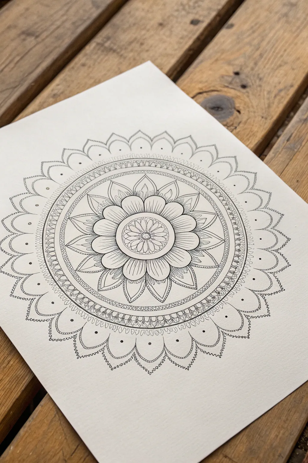 Classic circle mandala rings in crisp ink linework, from simple center to ornate outer rings