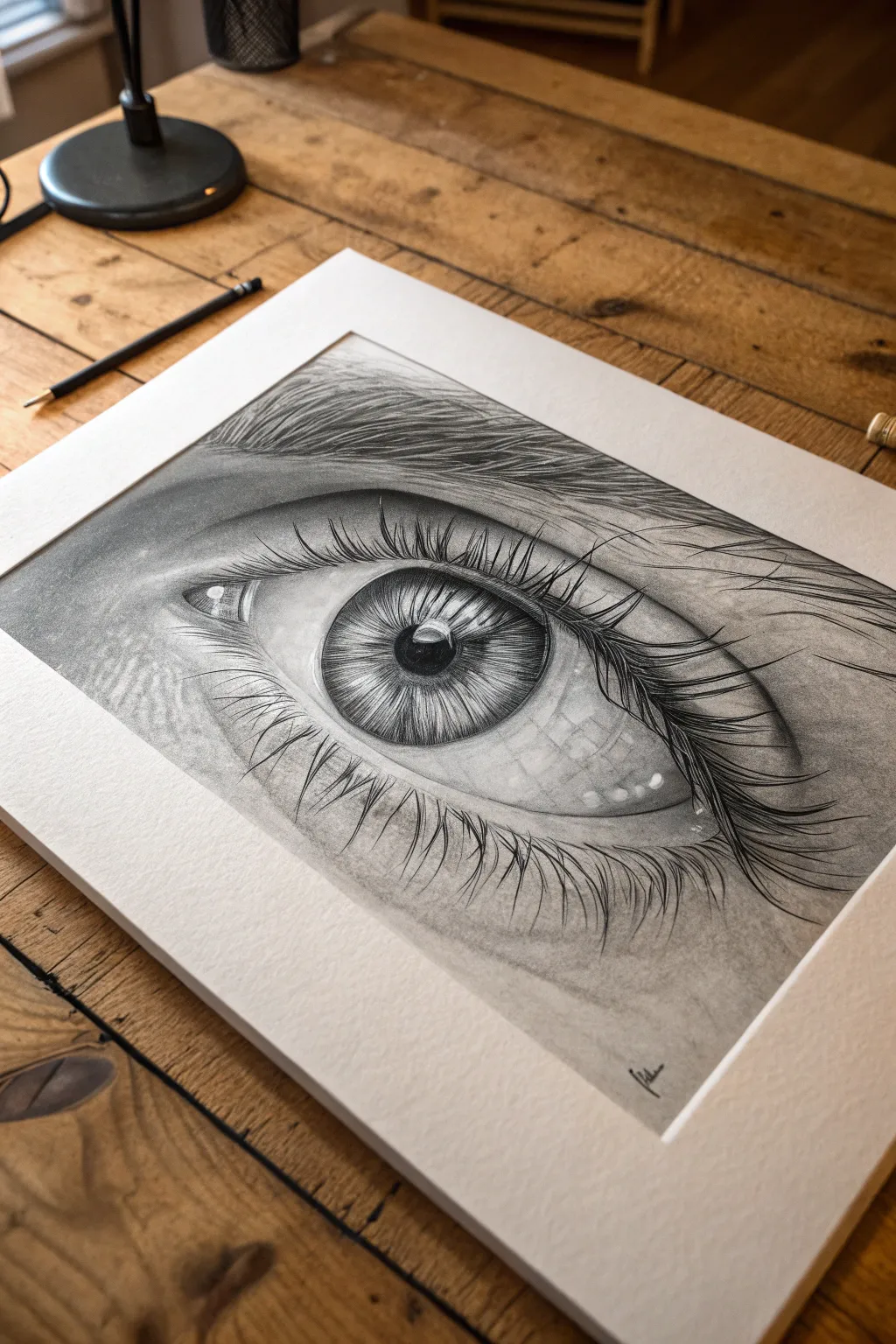 Hyper-realistic eye close-up with crisp lashes, iris fibers, and dramatic light-shadow contrast