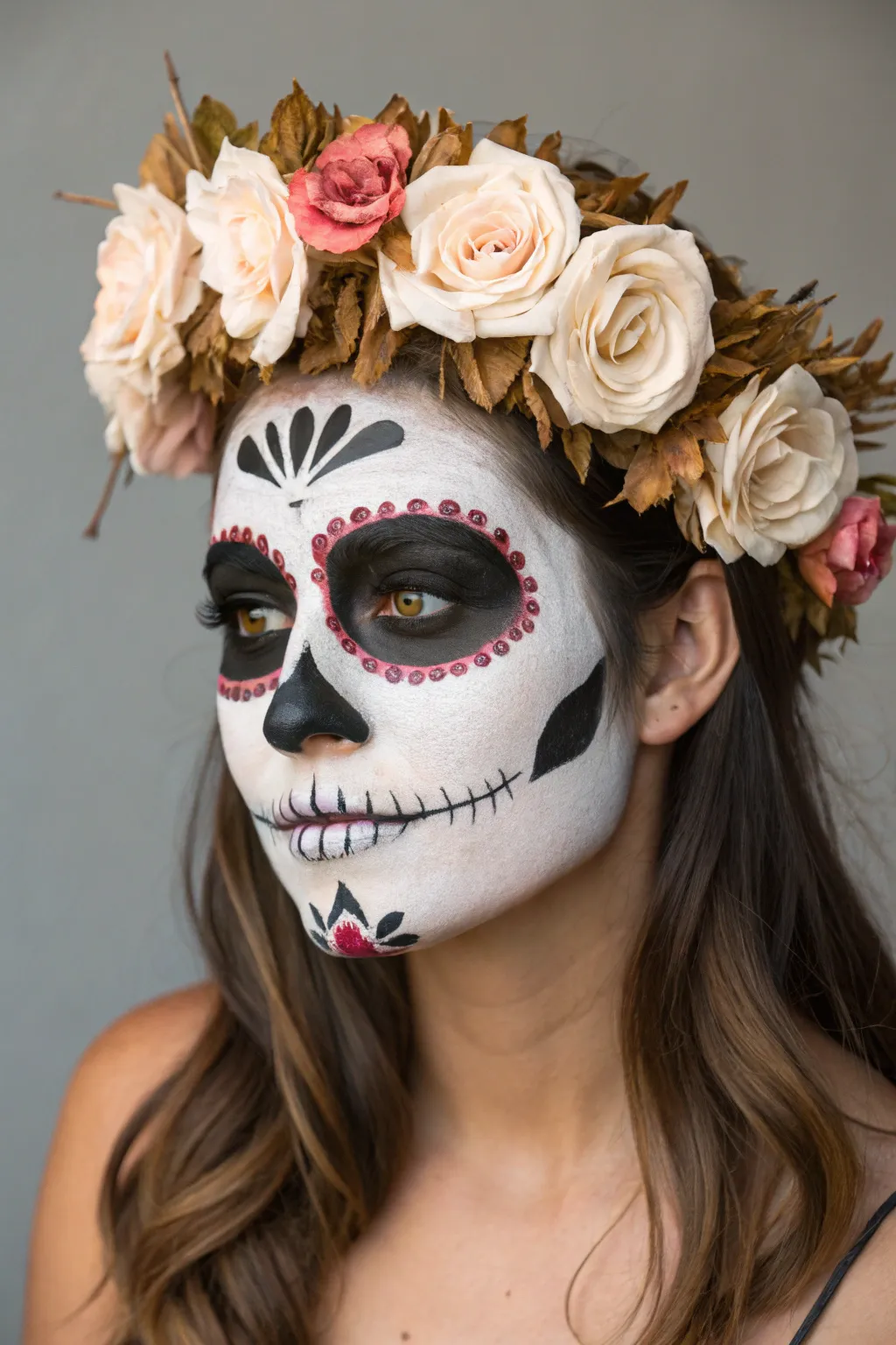 Classic La Catrina full-face skull makeup with a simple floral crown, clean and elegant