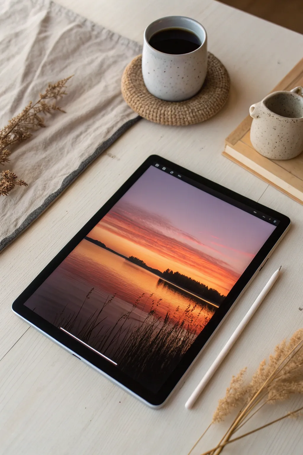 Sunset lake reflection study with bold sky gradients and a dark shoreline for contrast