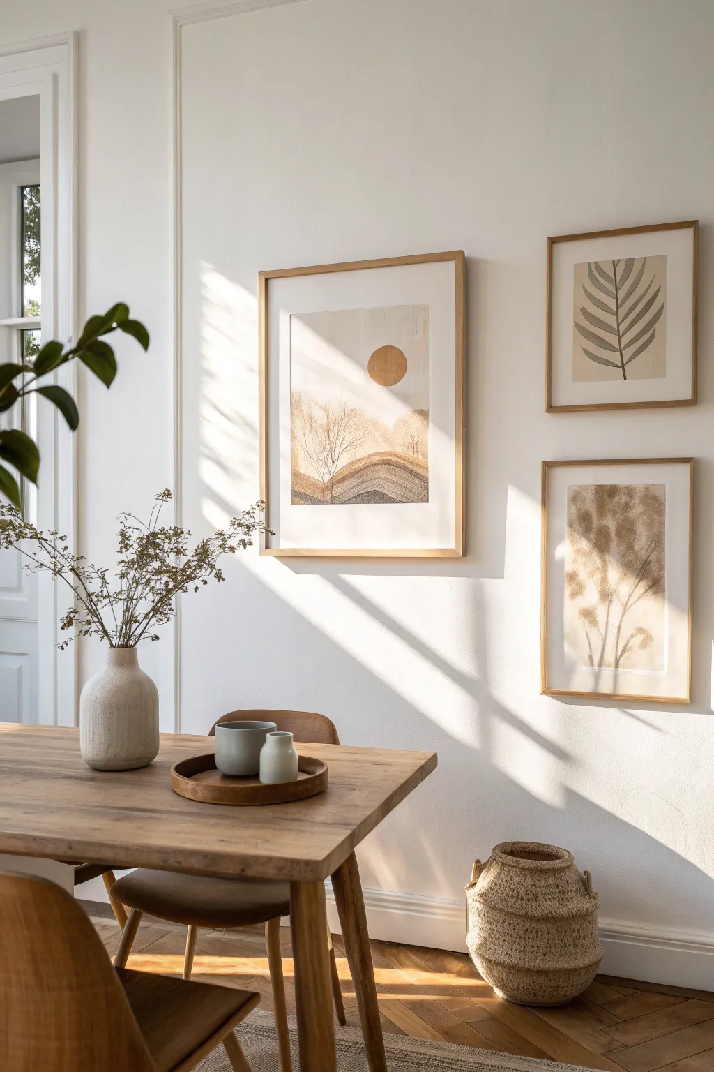 Warm white walls let decor shine, with a single framed artwork and natural wood details.