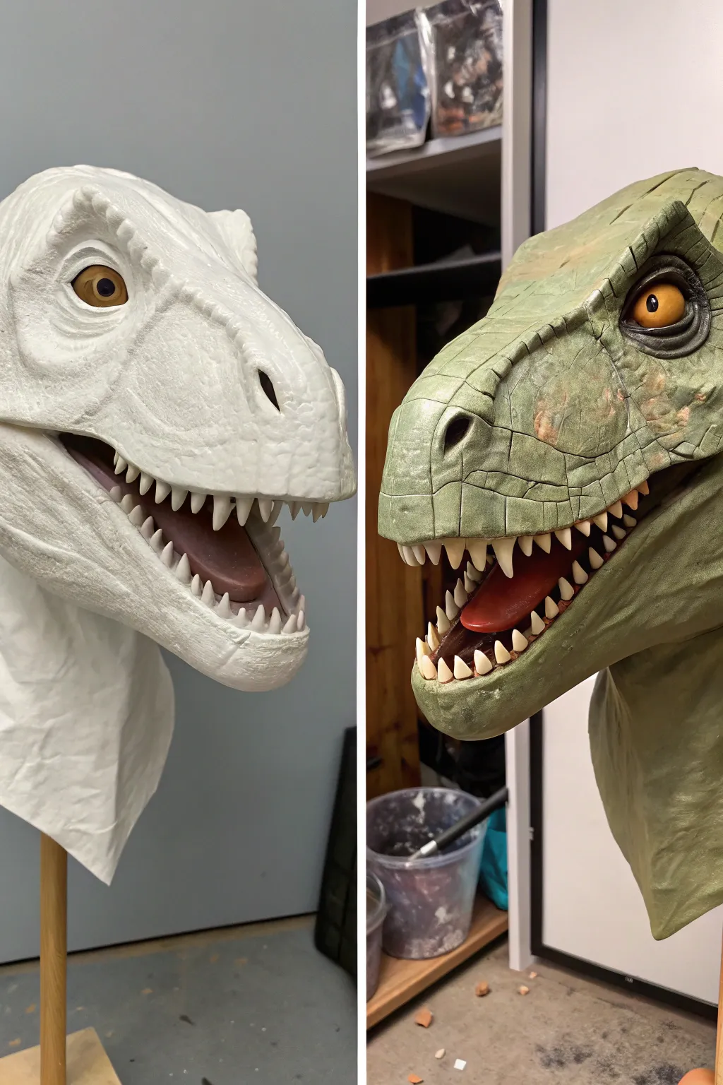 Classic dino mask repaint: blank base beside a crisp, modern color-blocked finished look