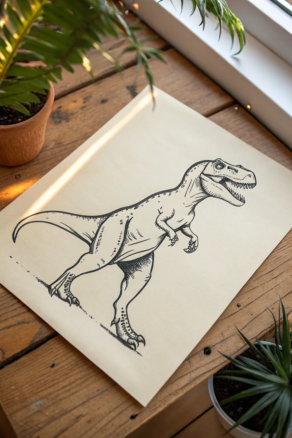 Bold minimalist T-Rex full-body pose with clean linework and high-contrast silhouette.