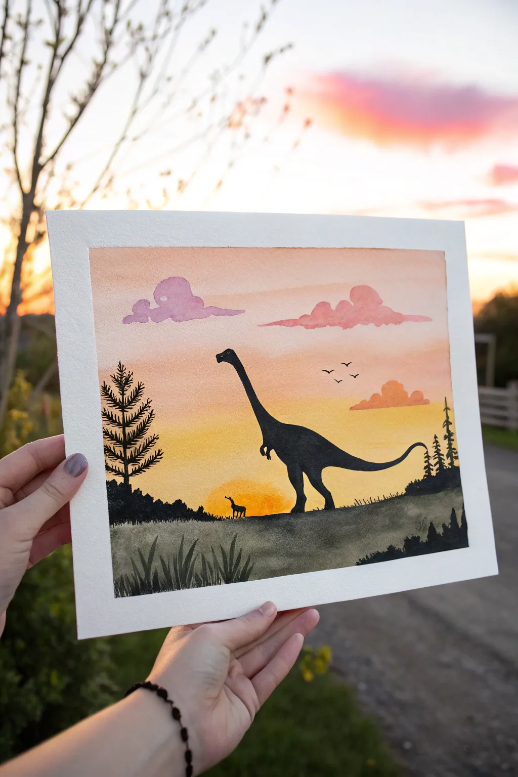 Minimal black dino silhouette against a warm watercolor sunset gradient, simple and striking