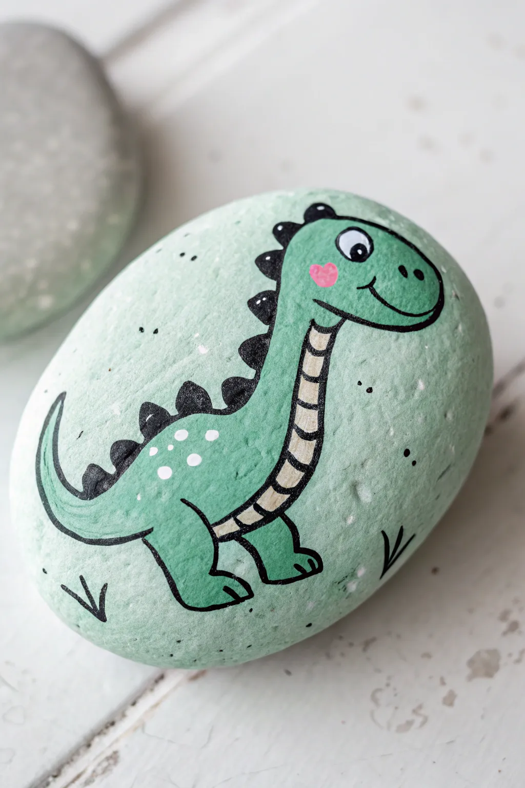 Cute cartoon dinosaur buddy rock painting, simple shapes and rosy cheeks on a clean white backdrop