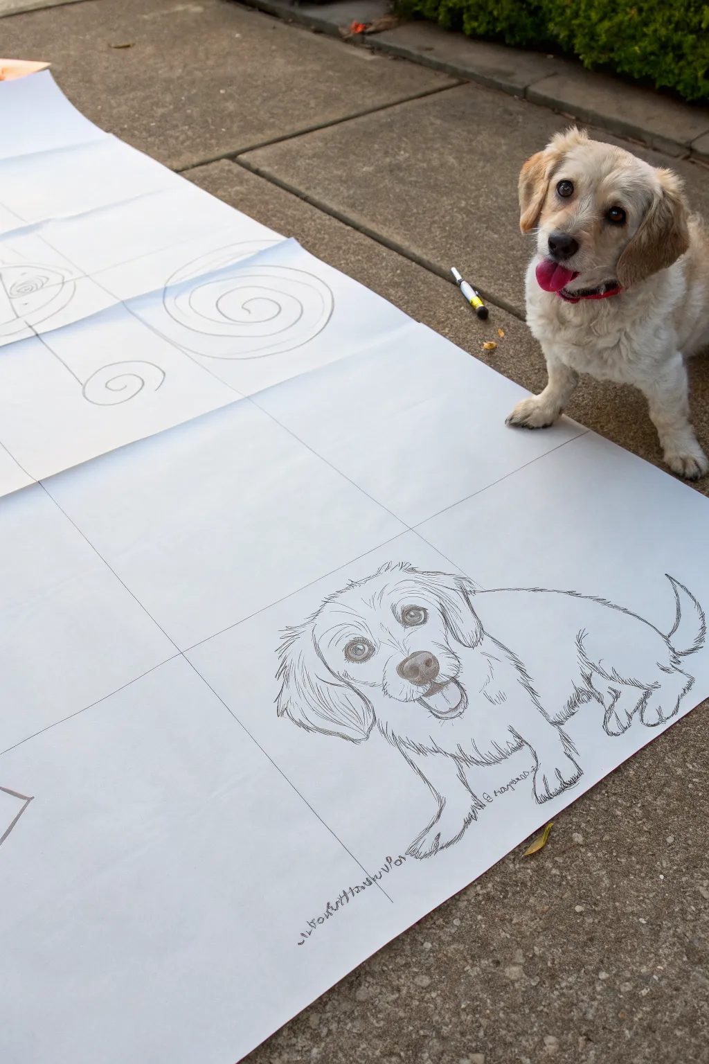 Easy dog directed drawing steps with customizable spots, perfect for minimalist art practice.