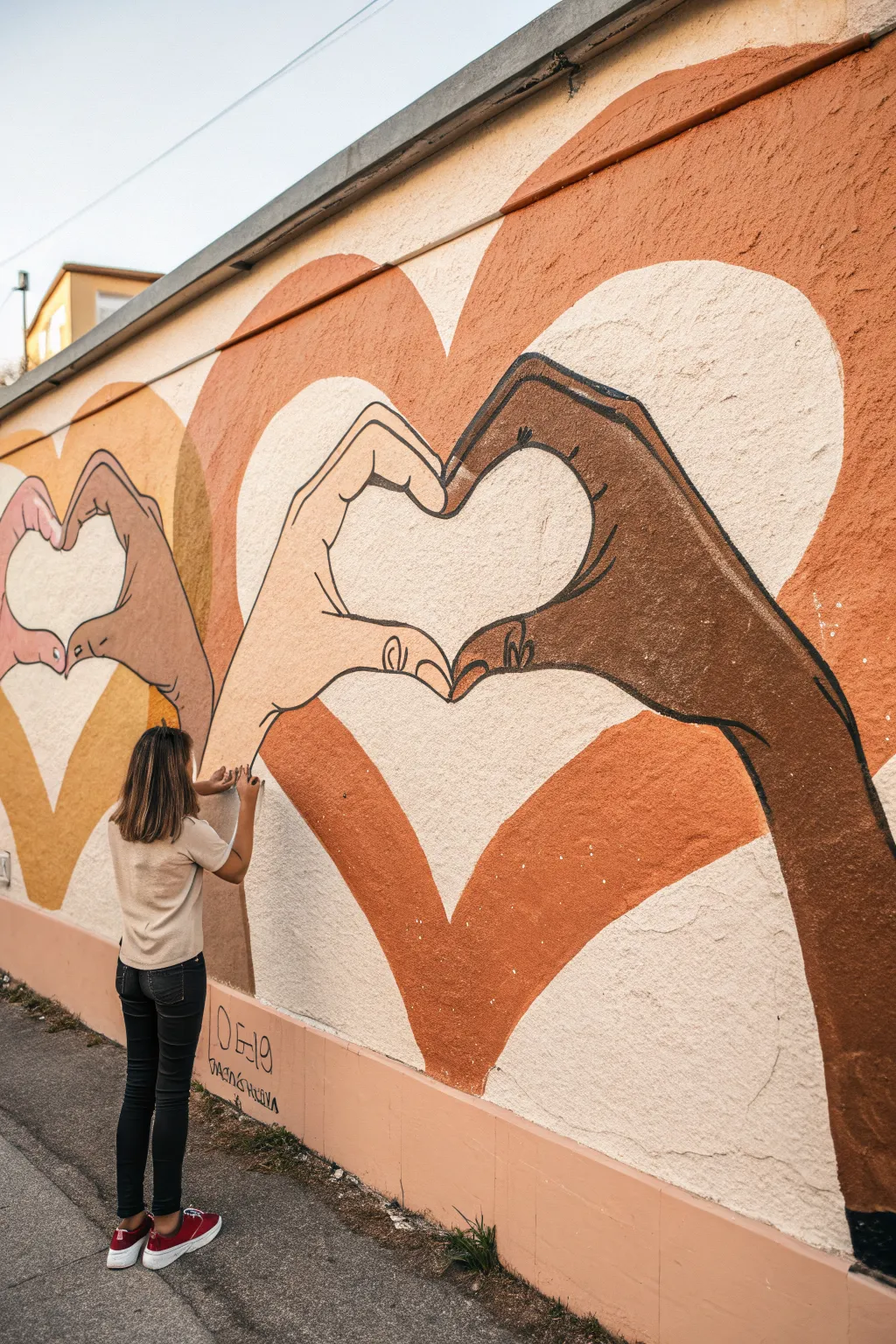 Many hands, one heart mural idea with soft gradients and varied skin tones in calm boho minimalism