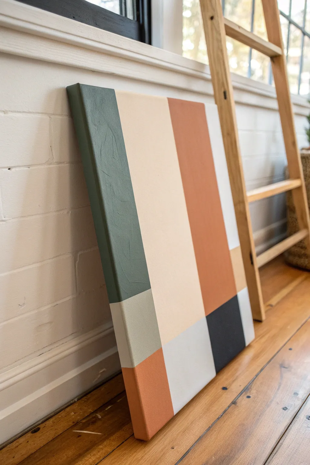 Crisp tape-resist color blocks on a clean canvas, minimal lines and cozy modern tones.