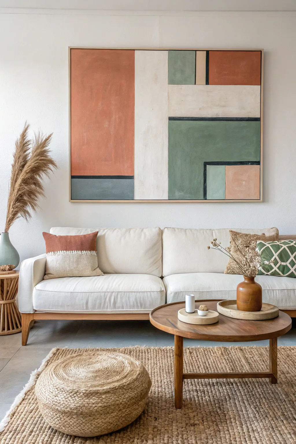 Big abstract color blocks with crisp tape lines, styled above a sofa in soft Scandi boho tones