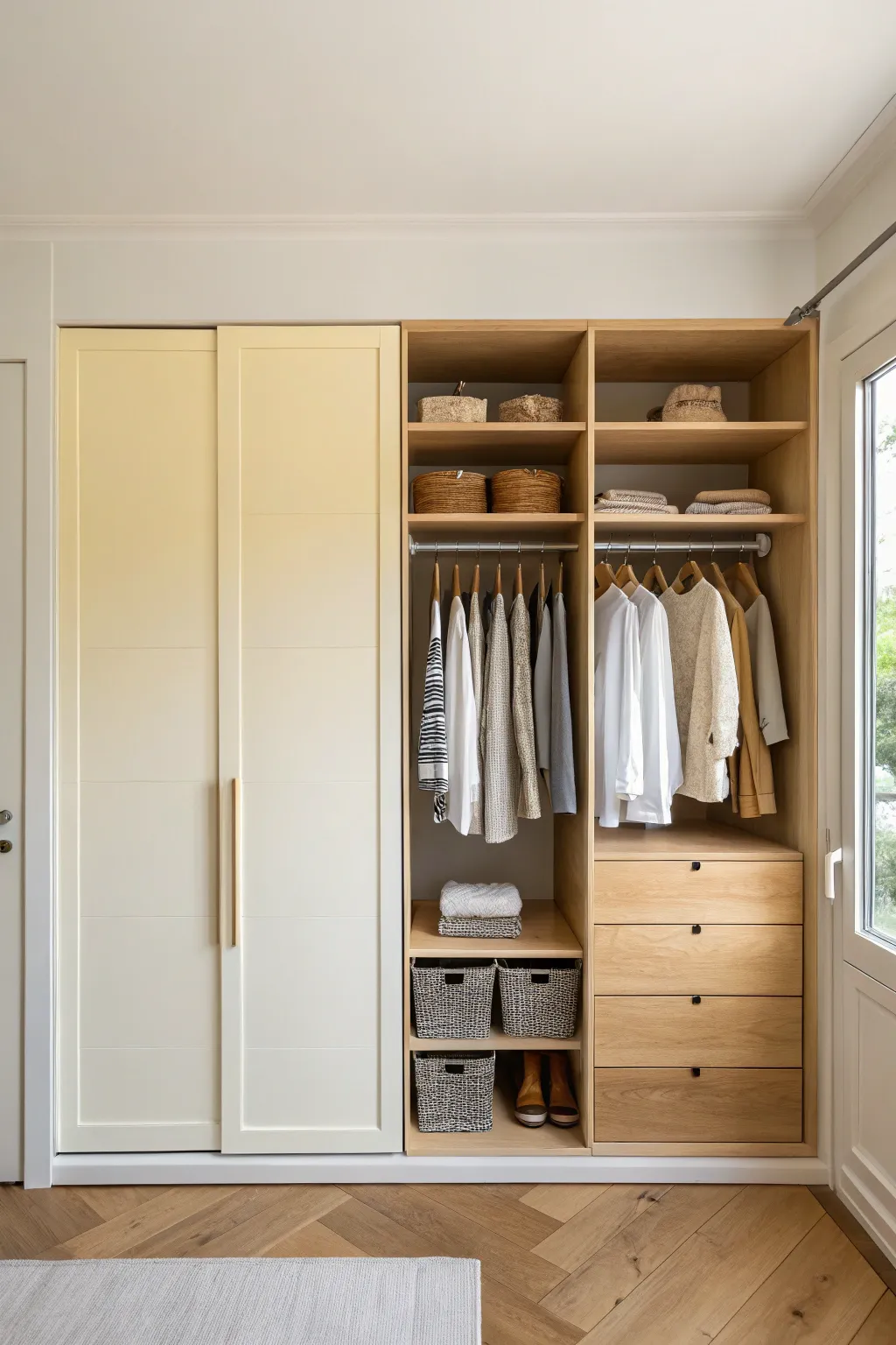Warm white closet reset: crisp edges and a satisfying split from dingy to fresh and bright