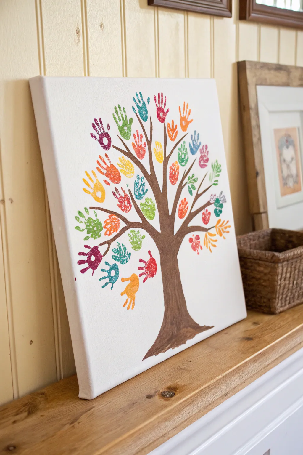 Minimalist family handprint tree canvas in soft daylight, a heartfelt DIY keepsake for home.