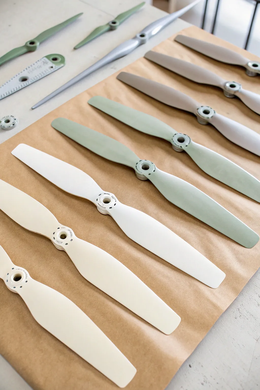 Solid-color satin fan blades on kraft paper with one raw blade for before-and-after contrast.