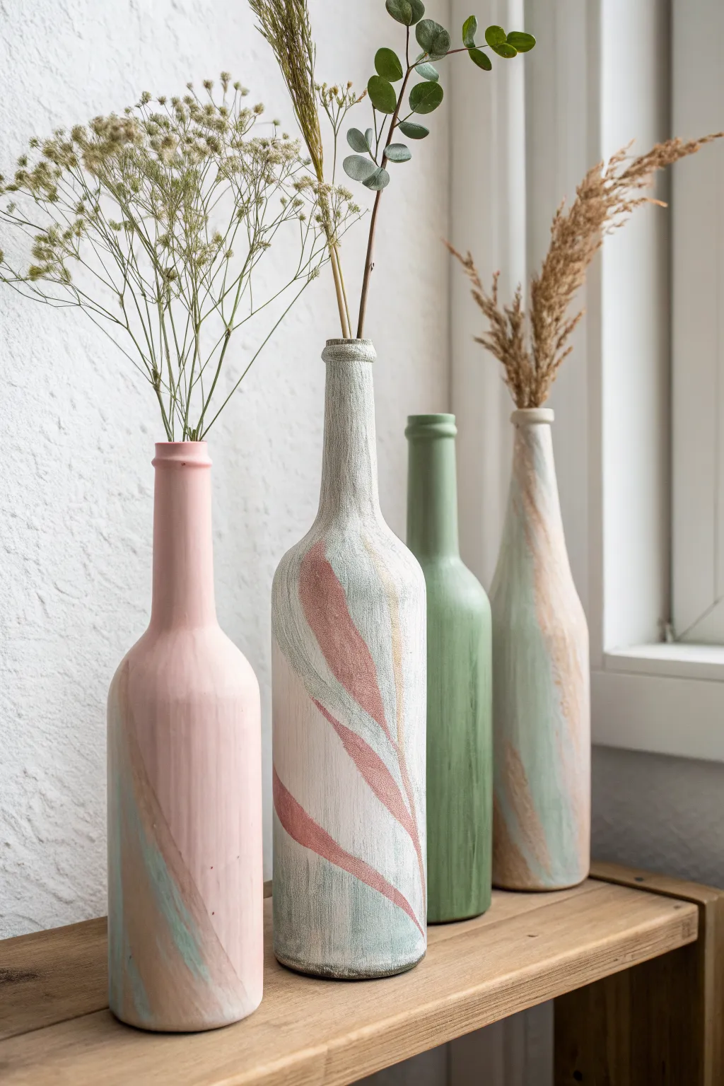 Painted bottle vase trio in soft boho tones, simple stems, airy Scandinavian shelf styling