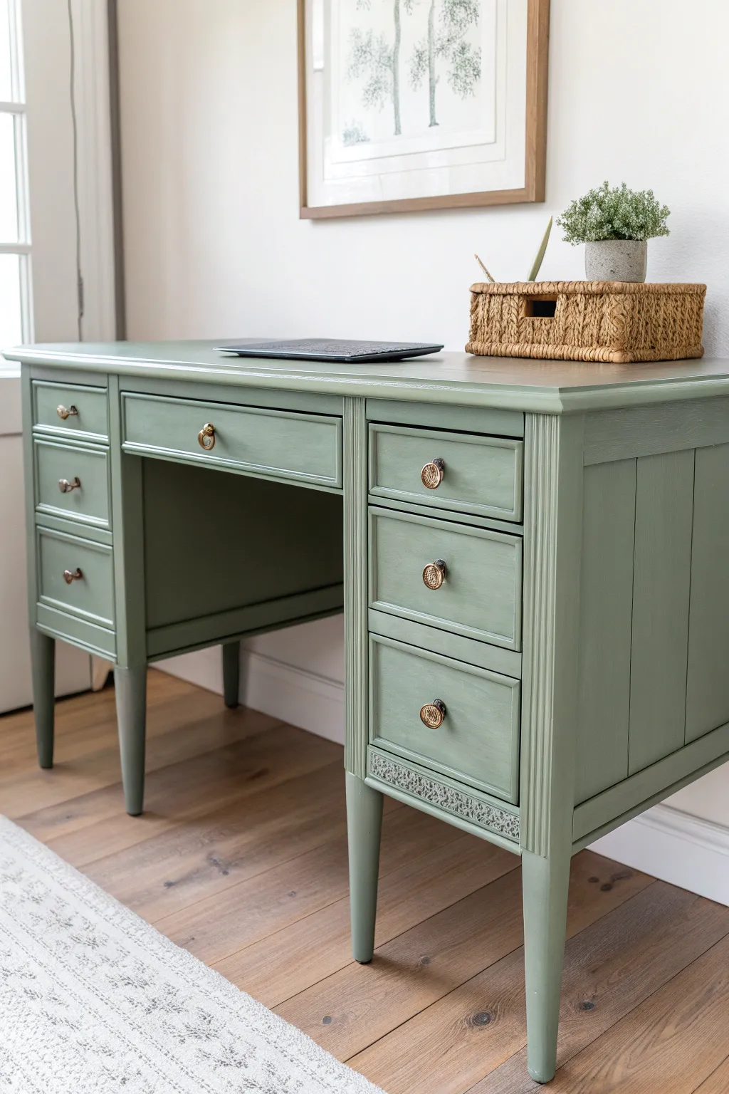 Classic solid-color painted desk makeover with silky smooth edge and clean Scandinavian lines.
