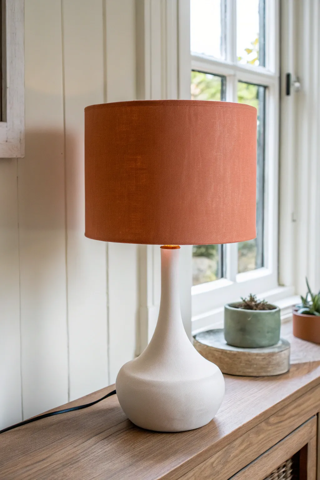Bold solid-color drum shade refresh in terracotta, turning a simple lamp into a chic focal point