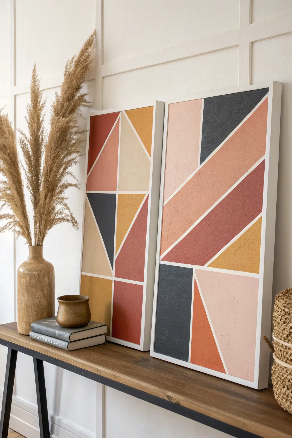 Bold color-block canvas DIY: modern abstract with taped sections, Scandinavian-boho styling.