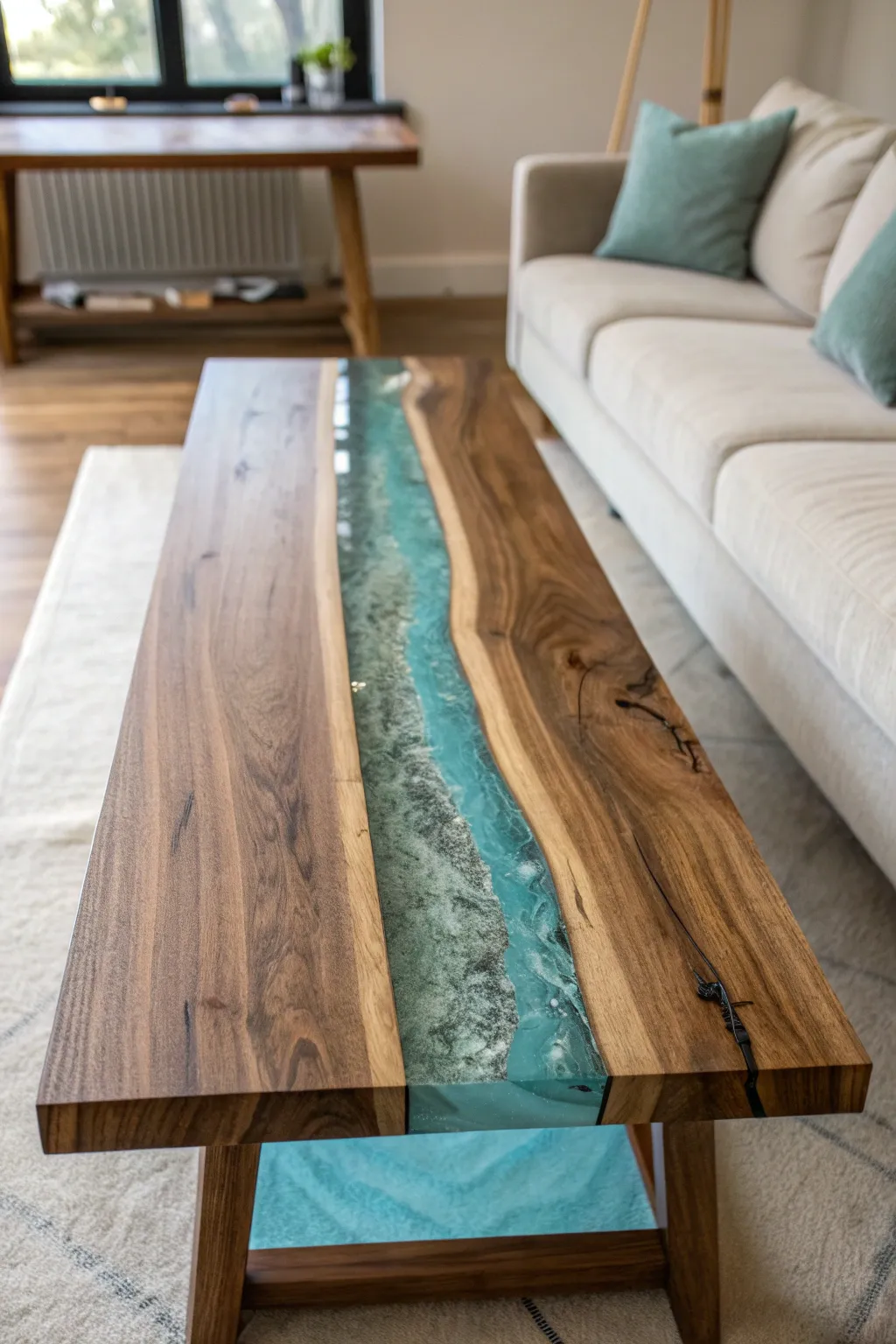 Live edge walnut slabs with a translucent blue resin river, styled in a cozy minimalist room