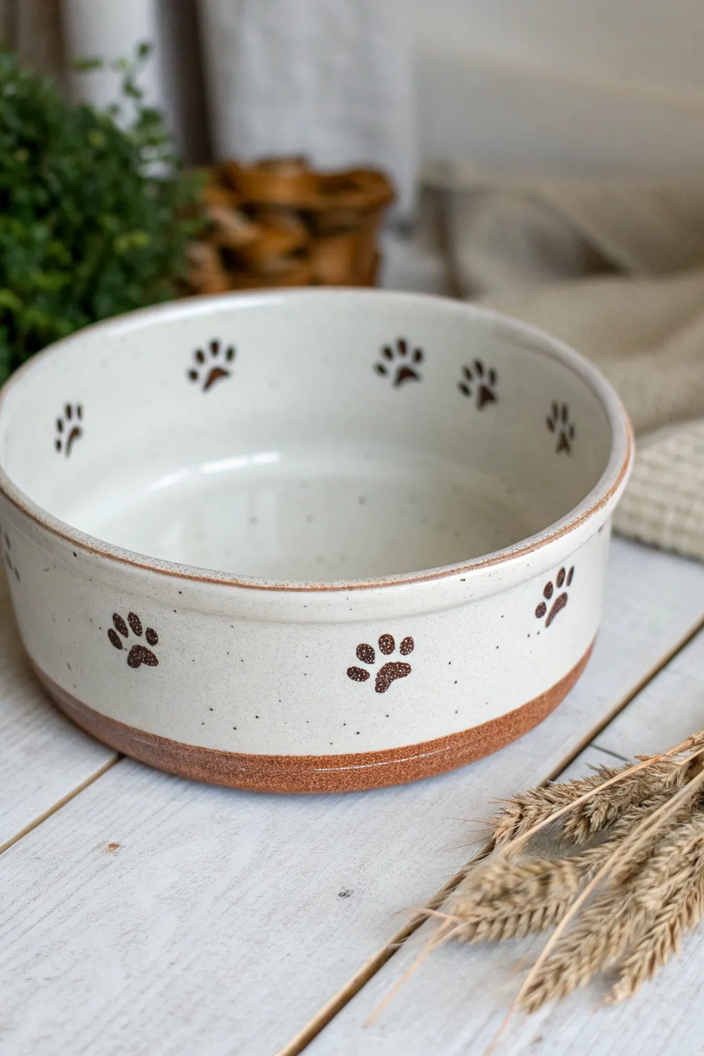 Minimal white dog bowl with a crisp paw print border for classic pottery painting inspiration