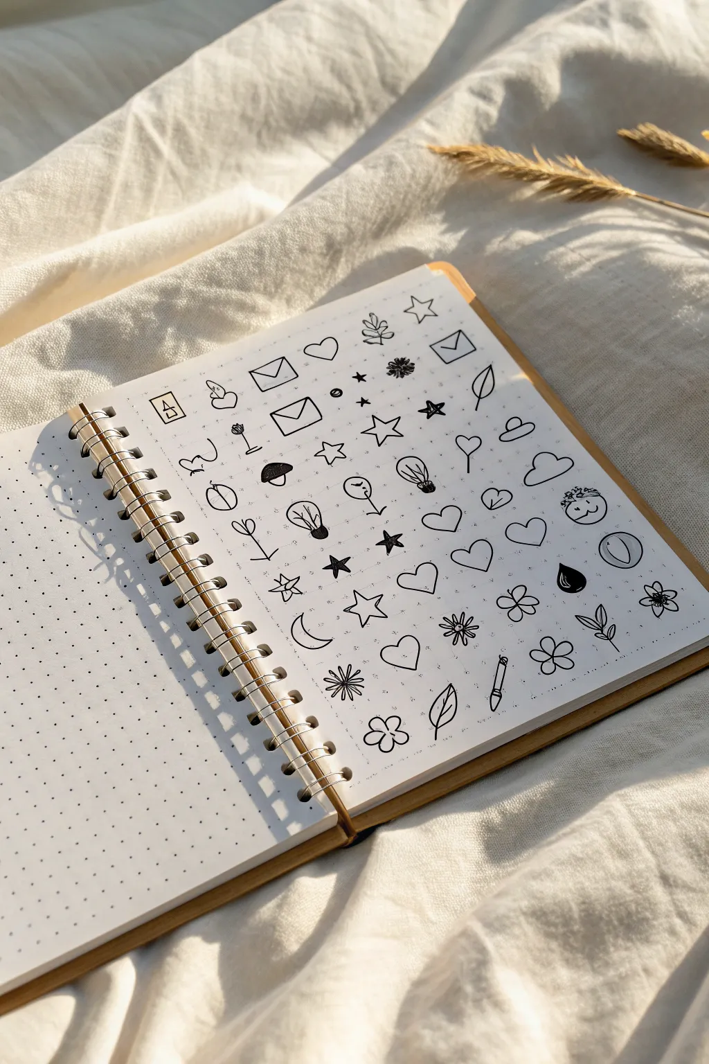 Tiny icon doodle library on a clean sketchbook page, minimalist Scandinavian with boho warmth.
