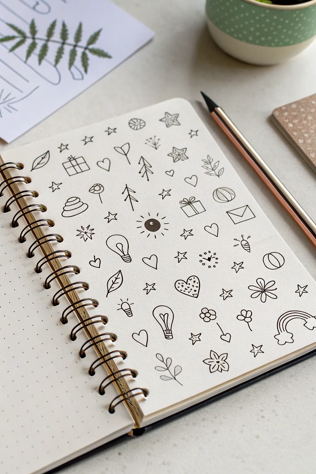 Classic mini icon sampler page for doodle inspiration, clean lines, cozy minimalist vibe.