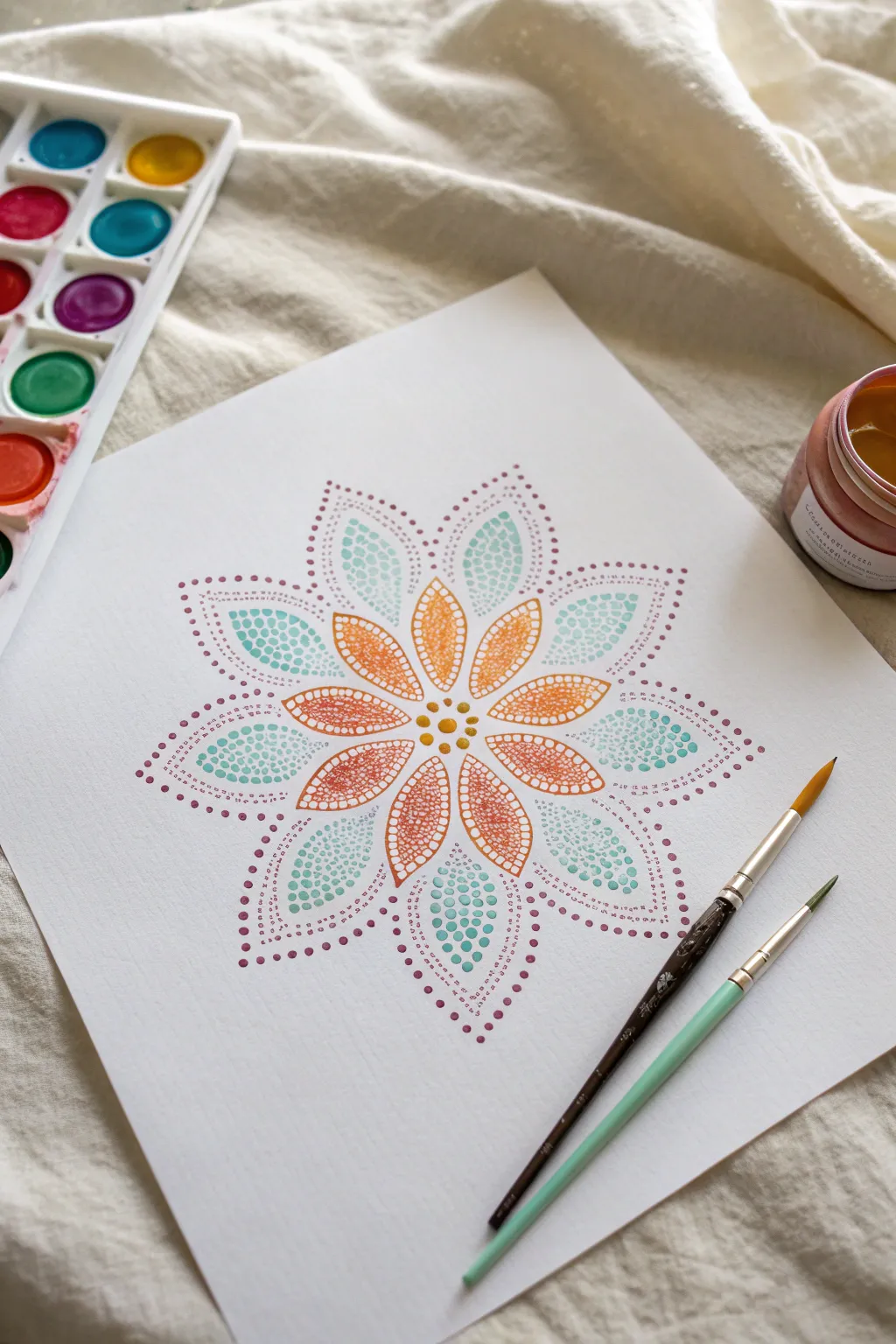Easy pointillism blooms made with cotton swabs, bright dots on clean white paper.
