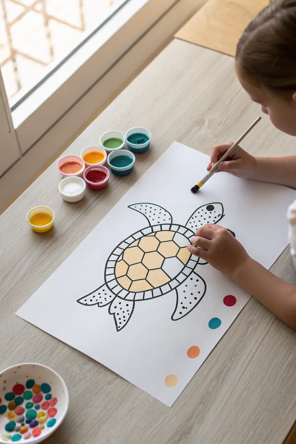 Bright Q-tip dots fill a simple turtle outline, a fun and easy dot painting activity for kids