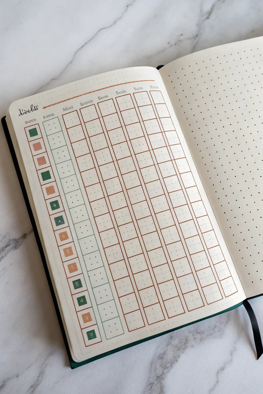 Minimal dot-grid habit tracker tiles with soft shaded progress, clean lines, calm Scandinavian boho mood