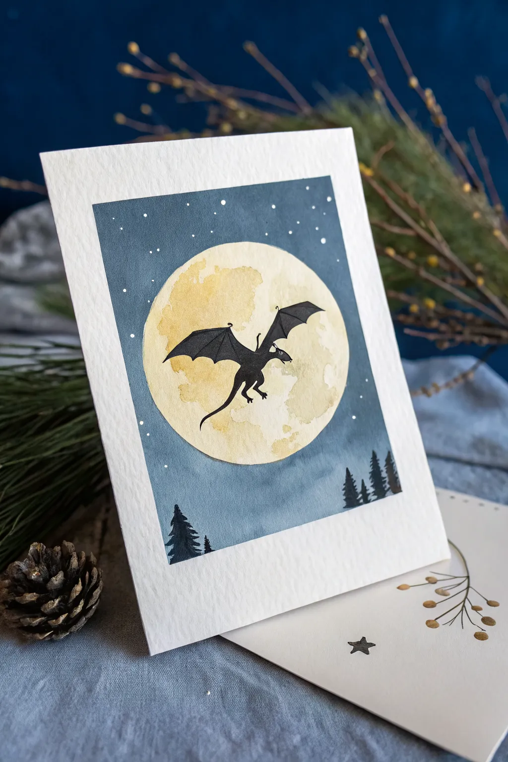 Easy moonlit dragon silhouette painting idea with bold contrast and dreamy indigo night sky