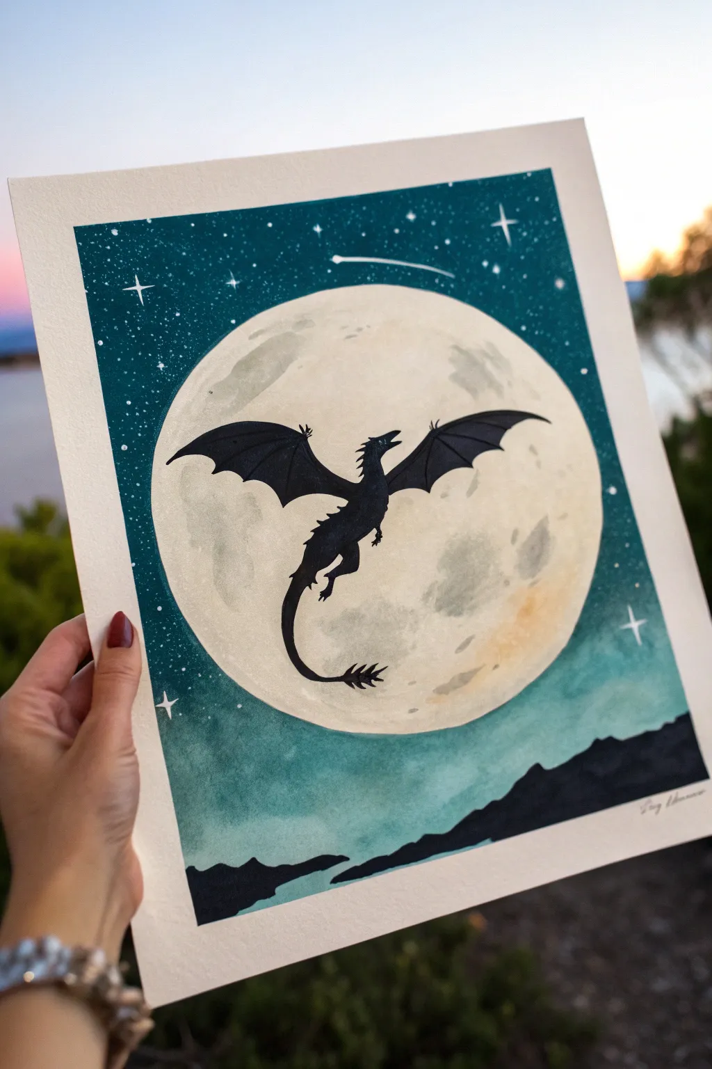 Moonlit dragon silhouette crossing a giant full moon, minimalist, feminine, and high contrast.