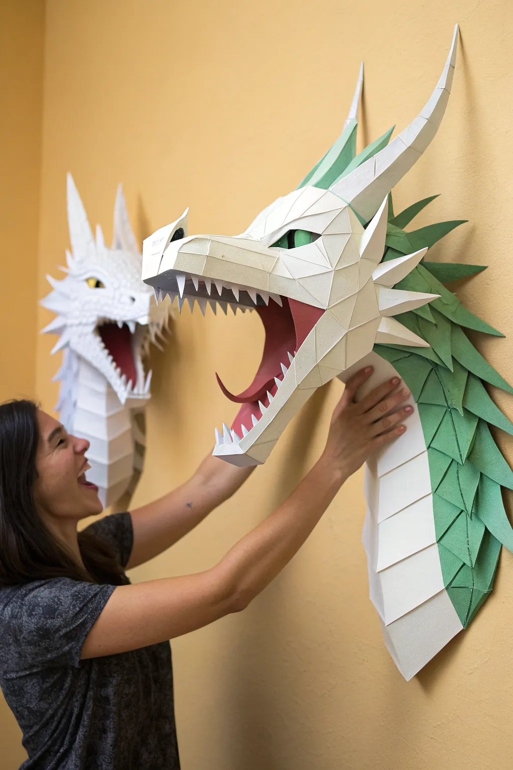 Classic hinged-jaw paper dragon head, shown closed and snapped open for easy puppet action.