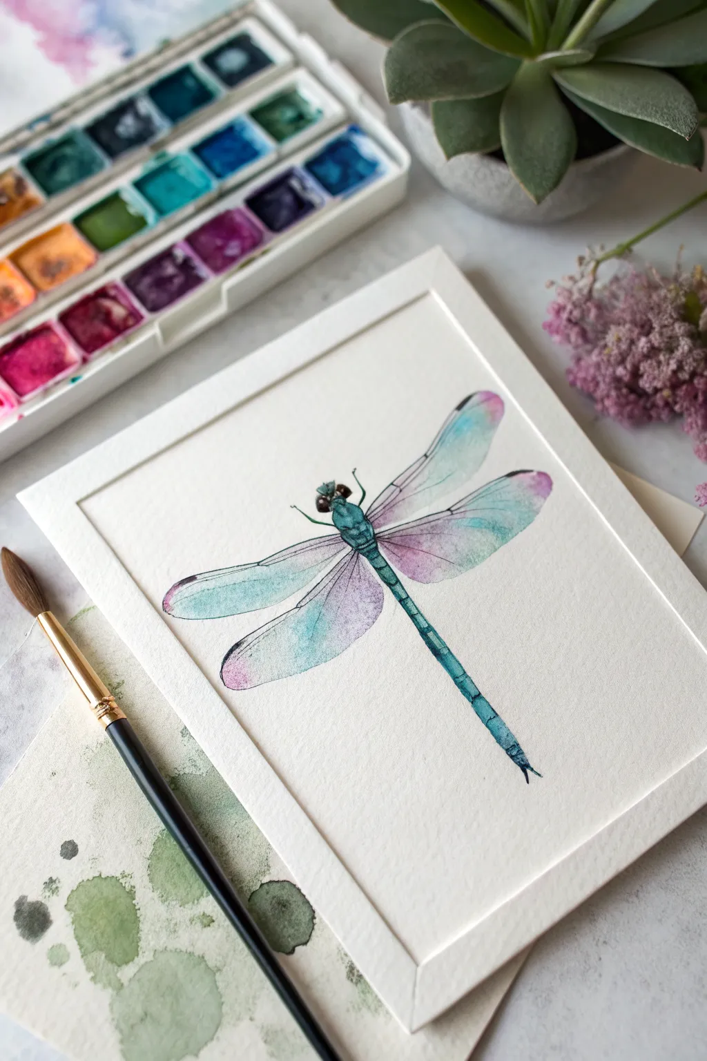Soft wet-on-wet dragonfly wings in turquoise and violet with a crisp, darker body contrast