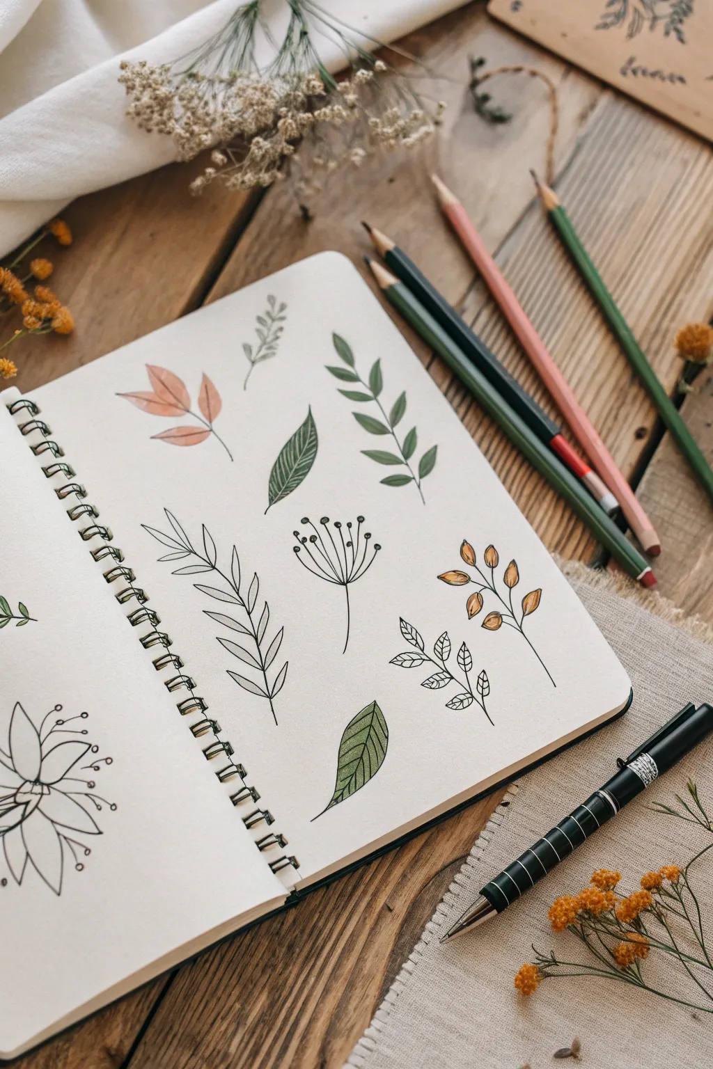 Simple botanical doodles in black ink, colored with soft greens and warm pencil accents