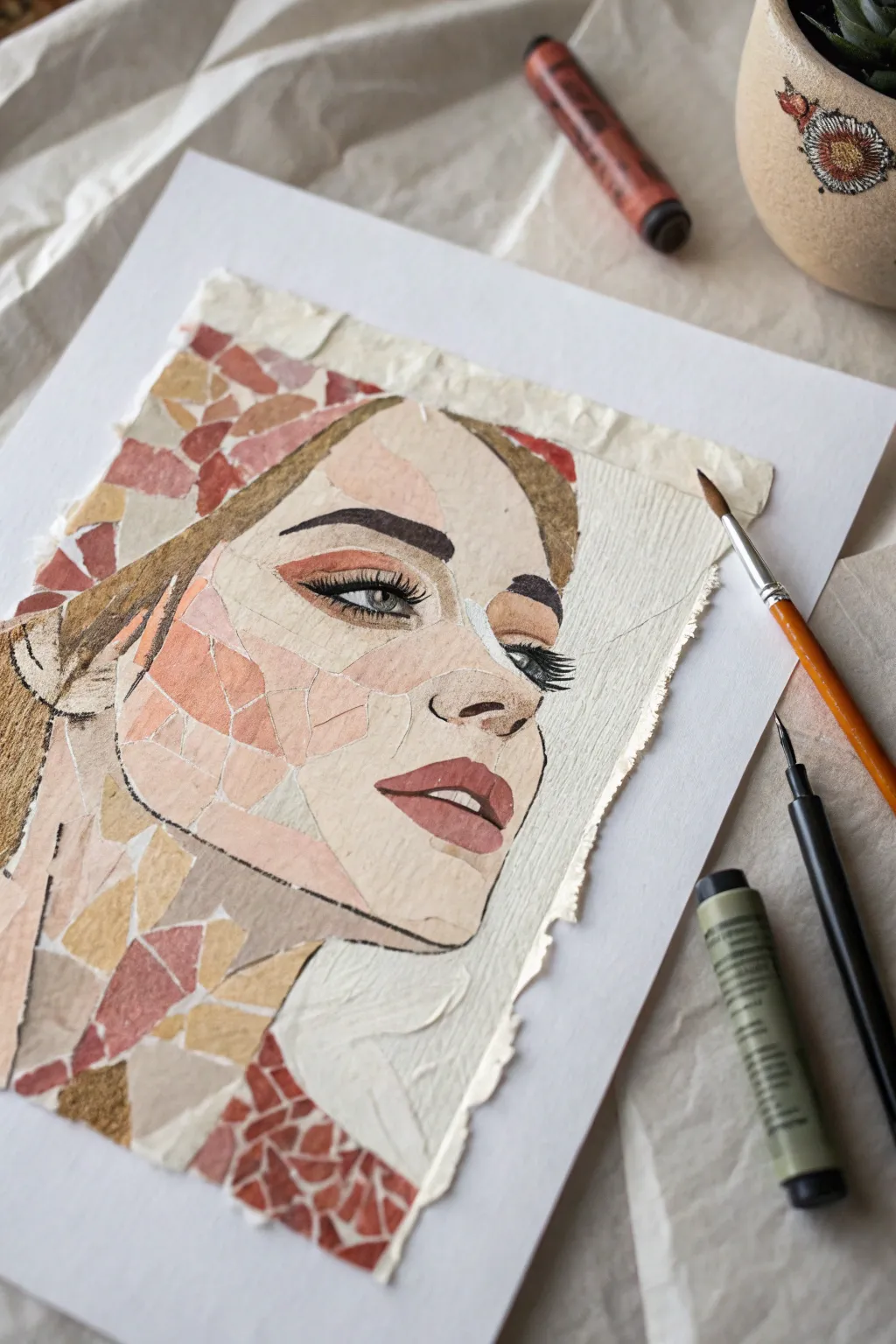 Torn paper portrait collage with pencil shading and crisp ink features in calm, earthy tones