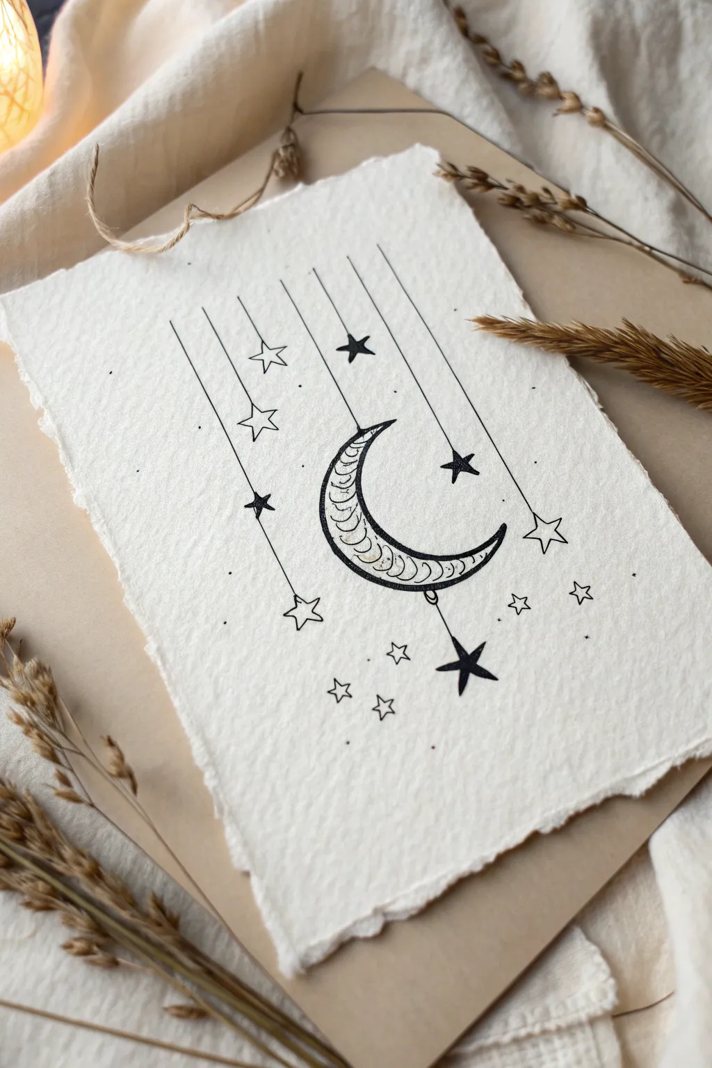 Create a dreamy celestial vibe with this simple hanging moon and stars ink drawing idea.
