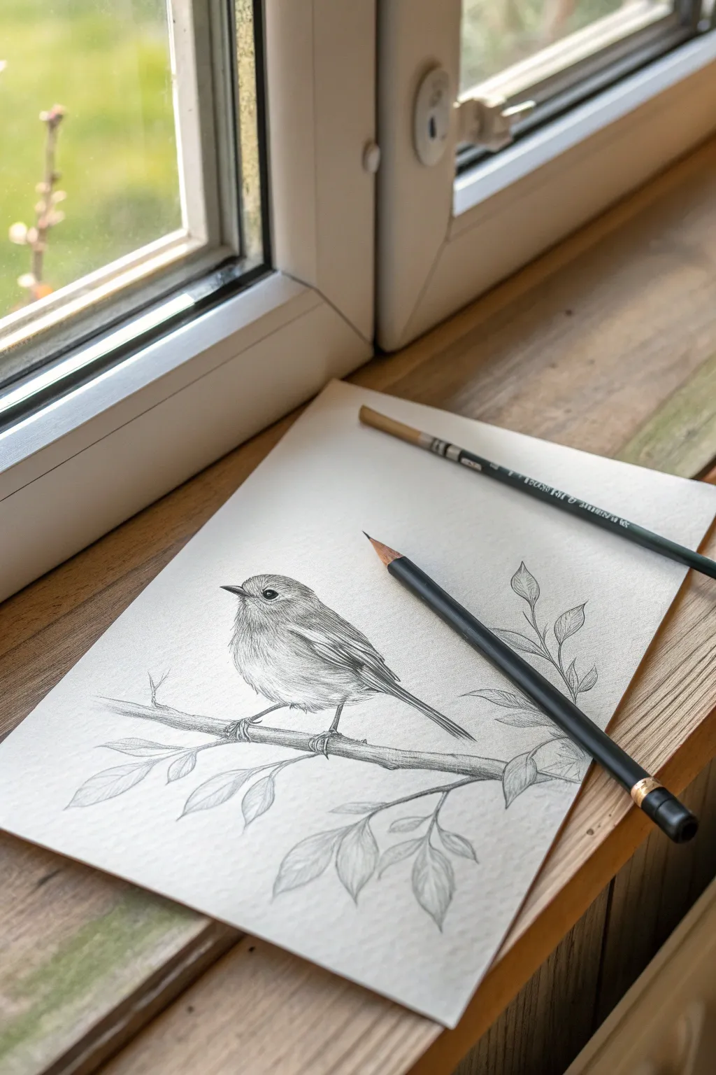 Minimal pencil sketch of a perched songbird, clean lines and soft shadow for easy practice