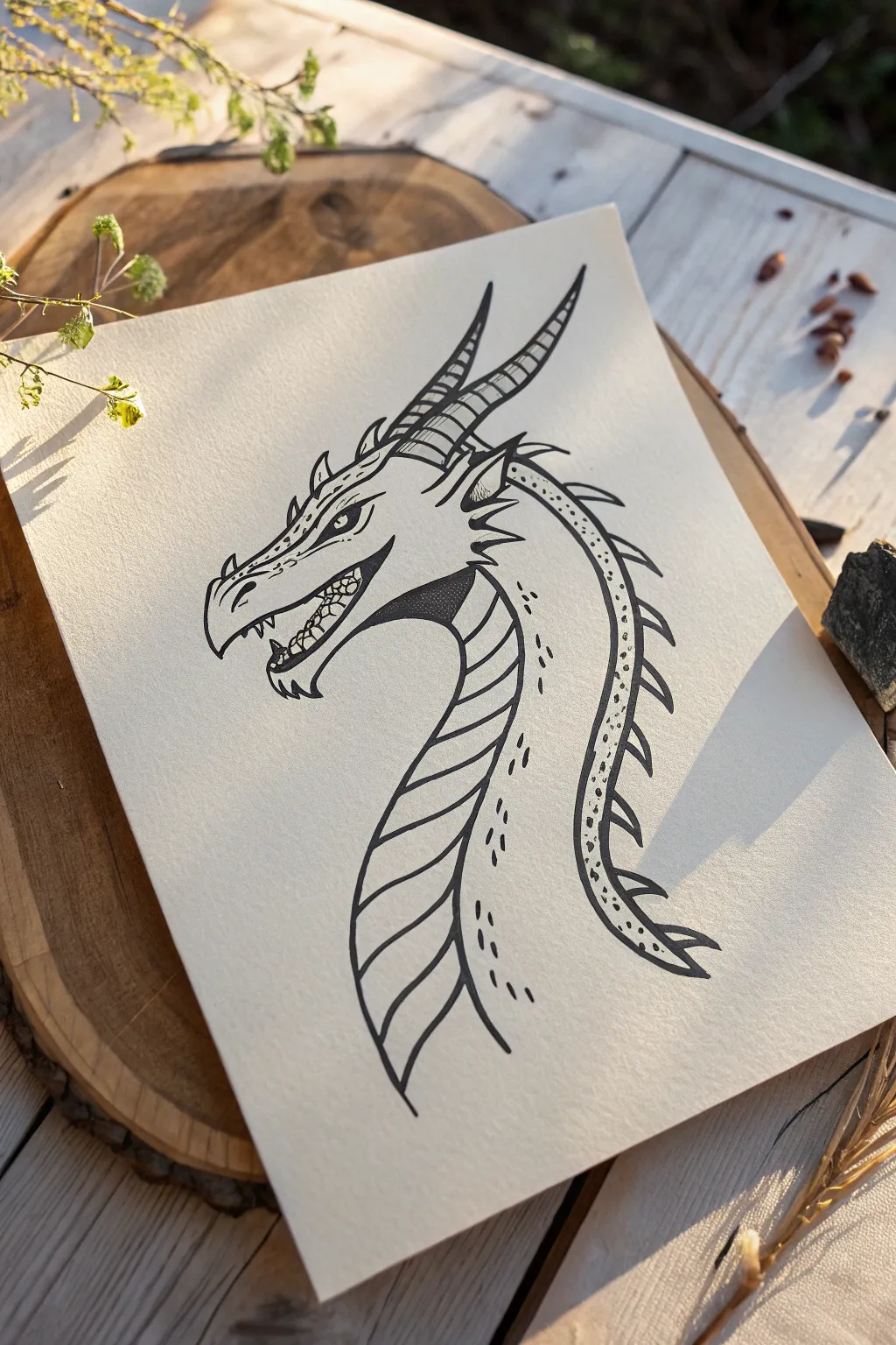 Minimalist profile dragon head bust with crisp ink lines, perfect for easy sketch practice