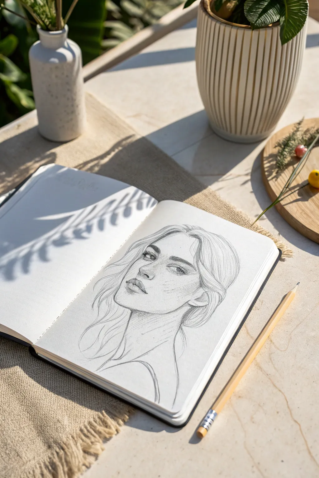 Classic front-view face sketch with simple proportion lines and soft shading on bright white paper