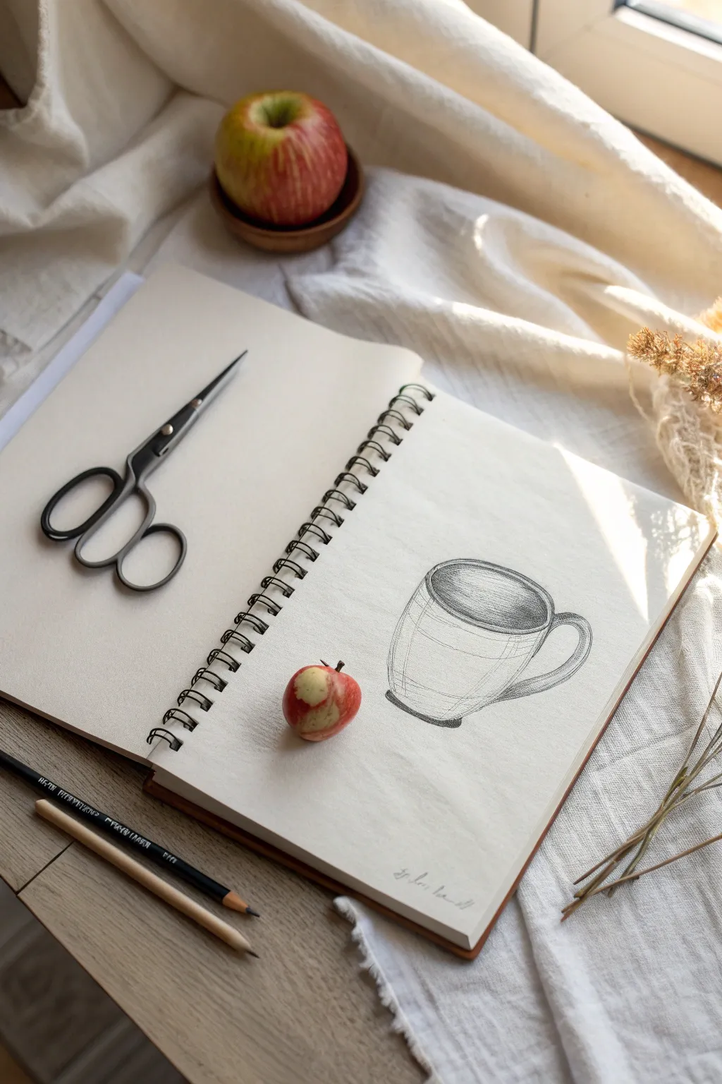 Simple still life sketch: mug, apple, scissors on a clean page, perfect for easy drawing ideas.