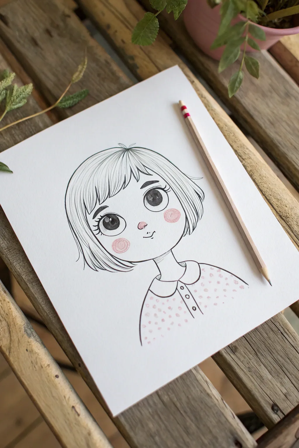 Cute big-eyed girl portrait line drawing with soft blush, minimalist Scandinavian-boho style