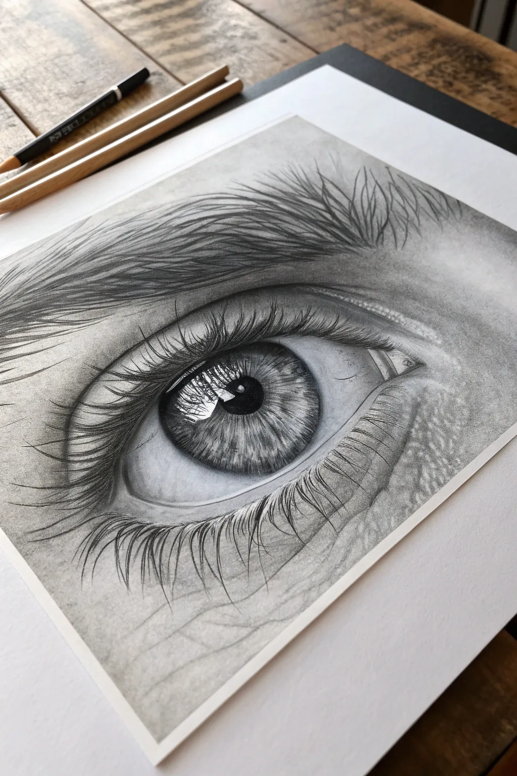 Hyper-realistic eye close-up: crisp lashes, wet tear duct shine, and detailed iris texture