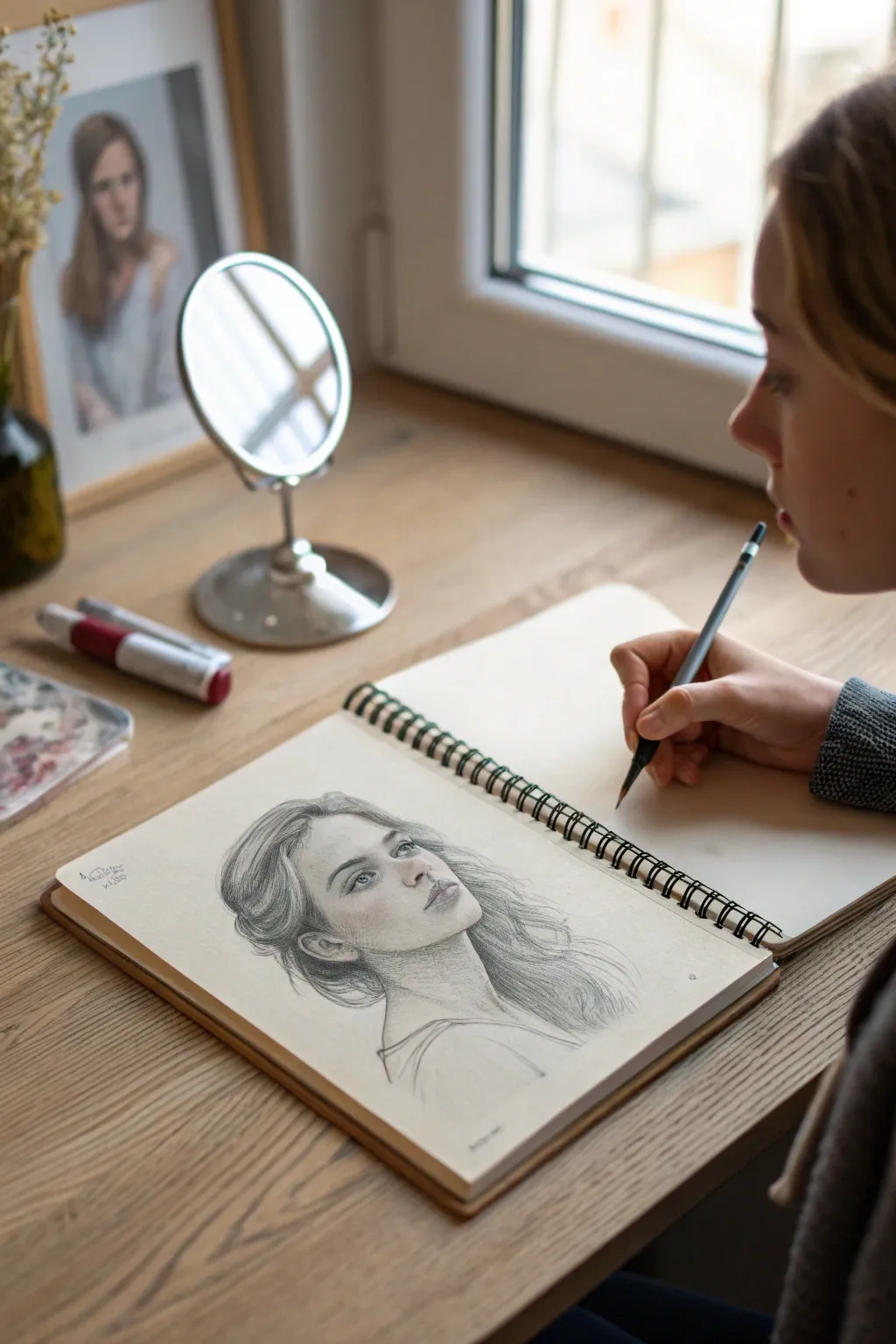 Quiet mirror self-portrait study with pencil construction lines, a soothing teen drawing idea.