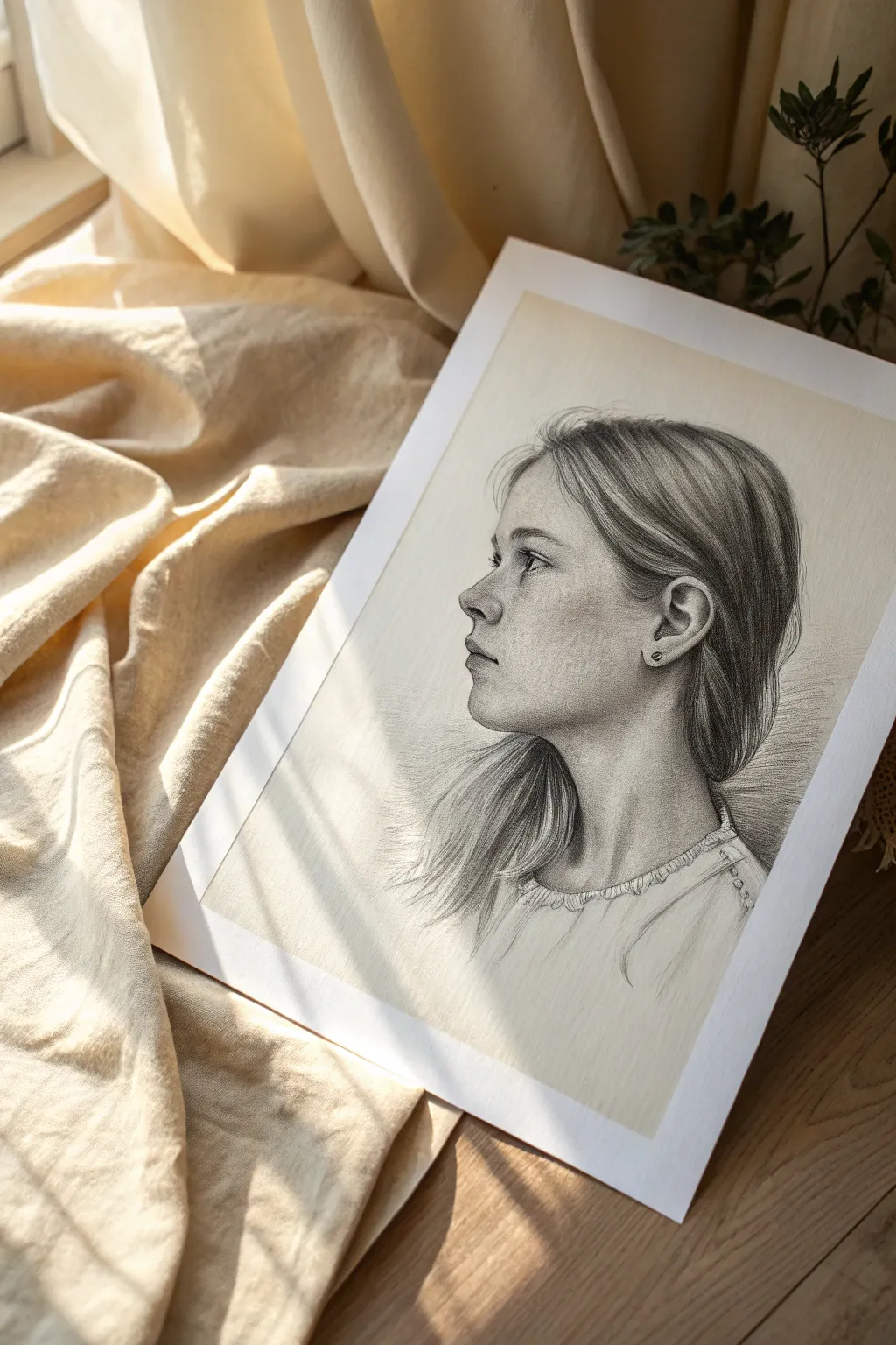 Simple 3/4 girl portrait sketch with soft shading, minimalist lines and calm Scandinavian feel