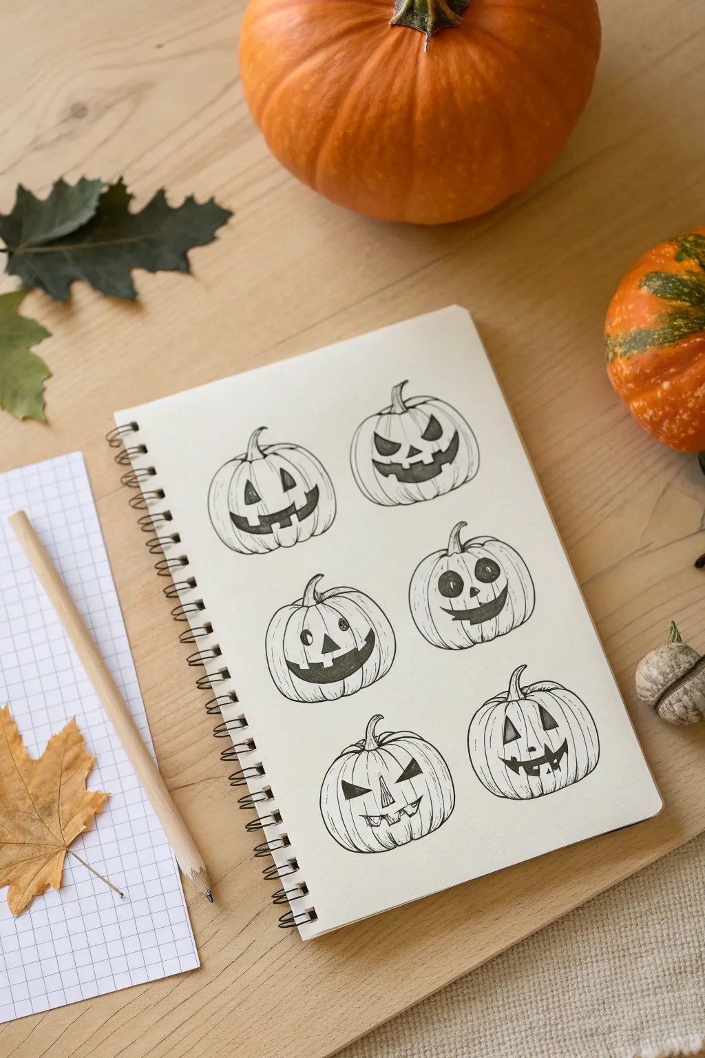Minimalist grid of jack-o-lantern faces, each with a totally different Halloween mood to draw.